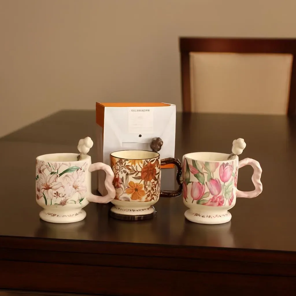 Floral Ceramic Mug with Spoon