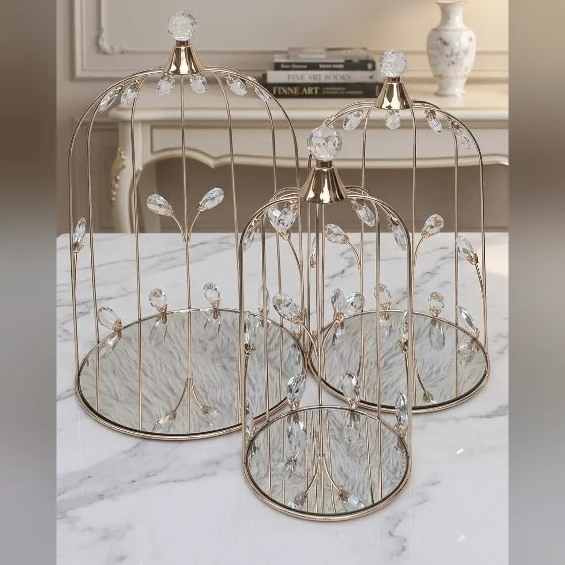 Decorative Birdcage Set with Mirror Base