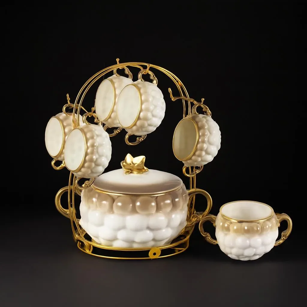 Ceramic Coffee Cup Set with Gold Stand