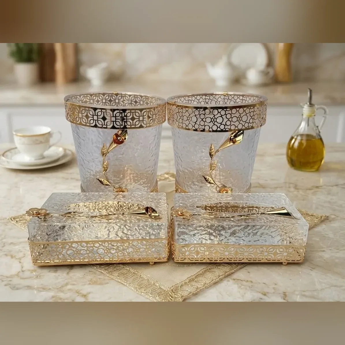 Gold Trim Tissue Box and Bin Set