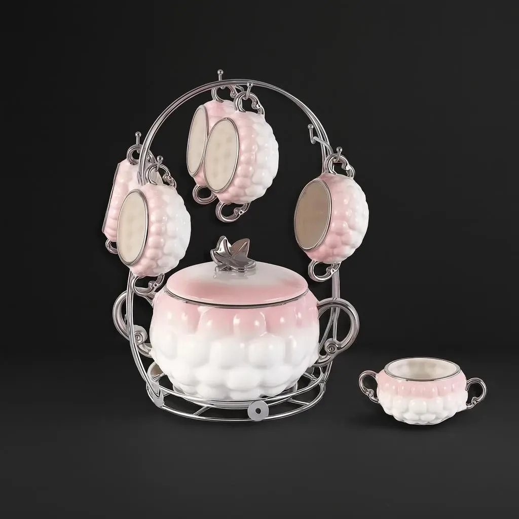 Pink Ceramic Tea Set with Stand